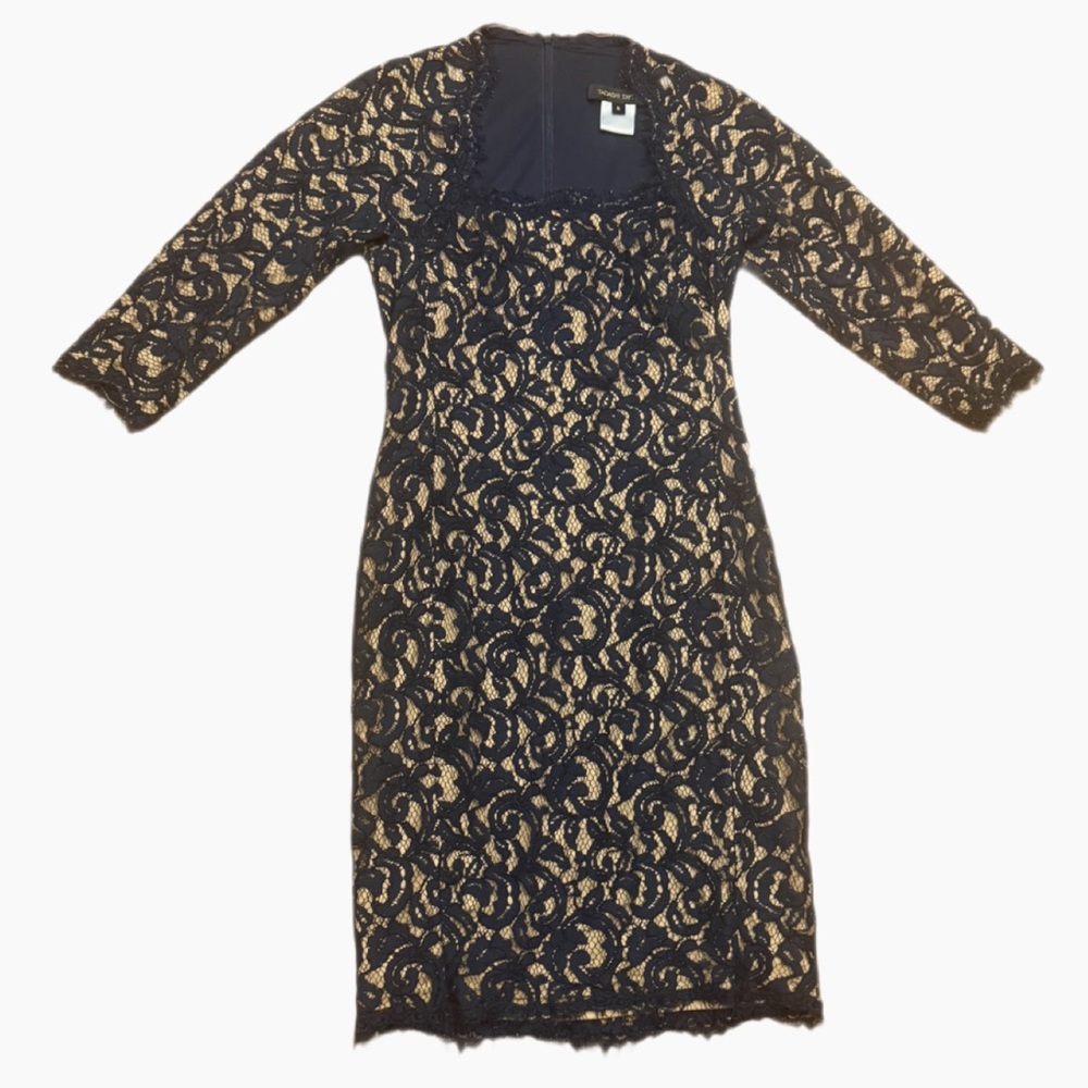 Tadashi Shoji Lace Sheath Dress Navy Nude Size 6 Cocktail Wedding Guest Elegant